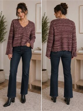 Vintage Two Roads Scalloped Burgundy Mixed Knit - Bell/Flare Sleeves - size S/M